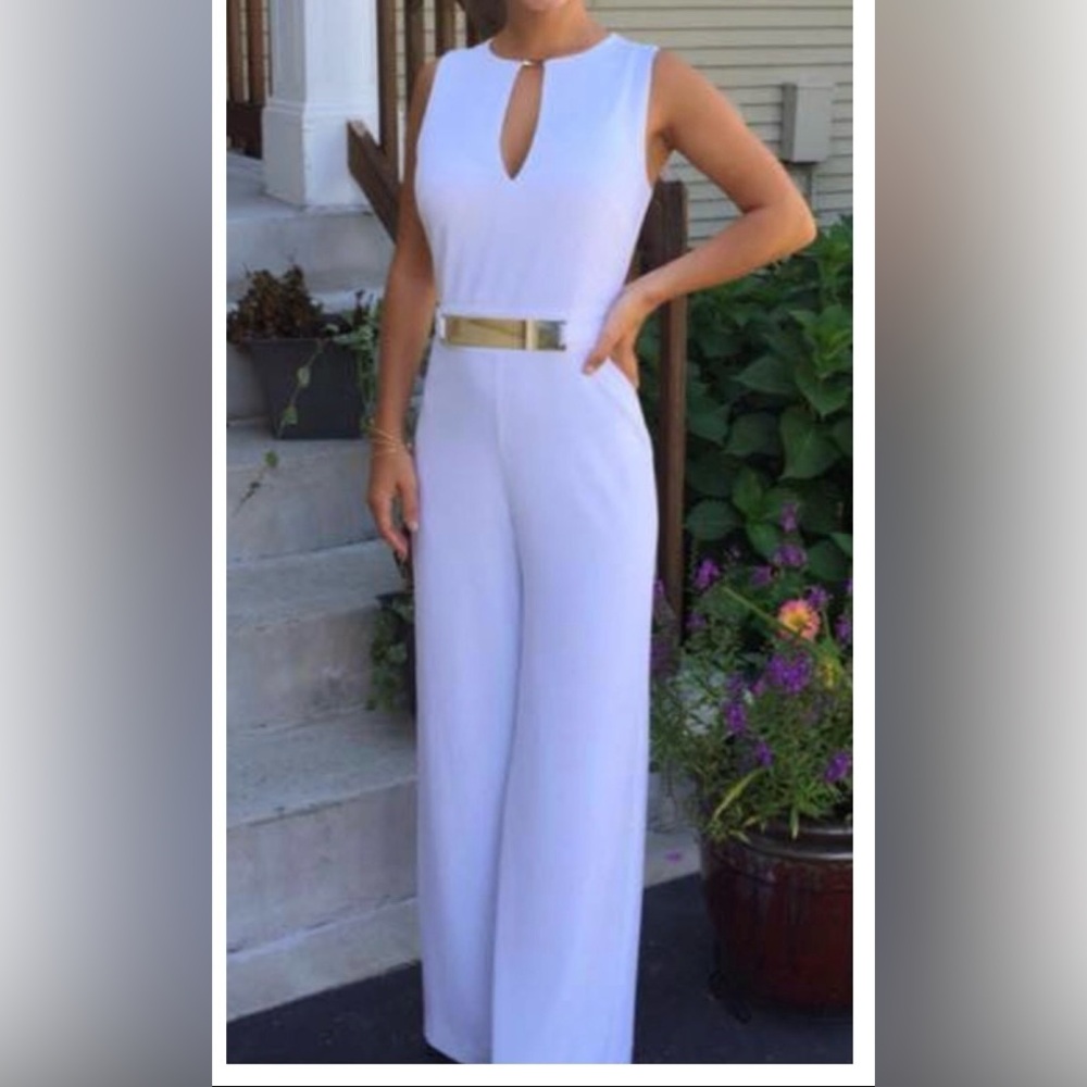 Bebe White Jumpsuit with Gold Belt—Size 00